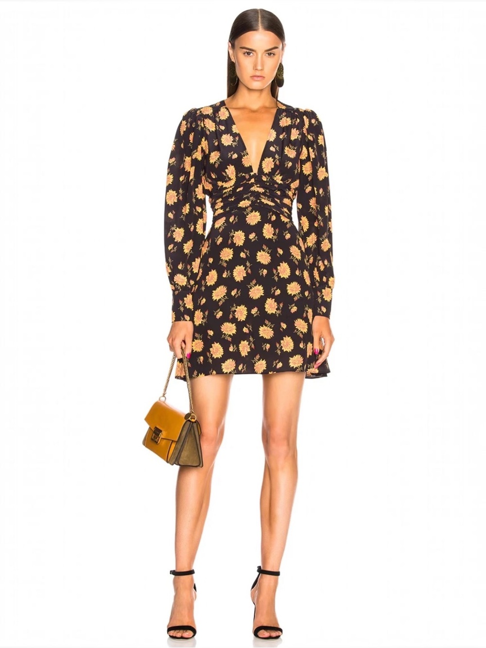 VERONICA BEARD Black Floral V-Neck Long Sleeve Mini Dress